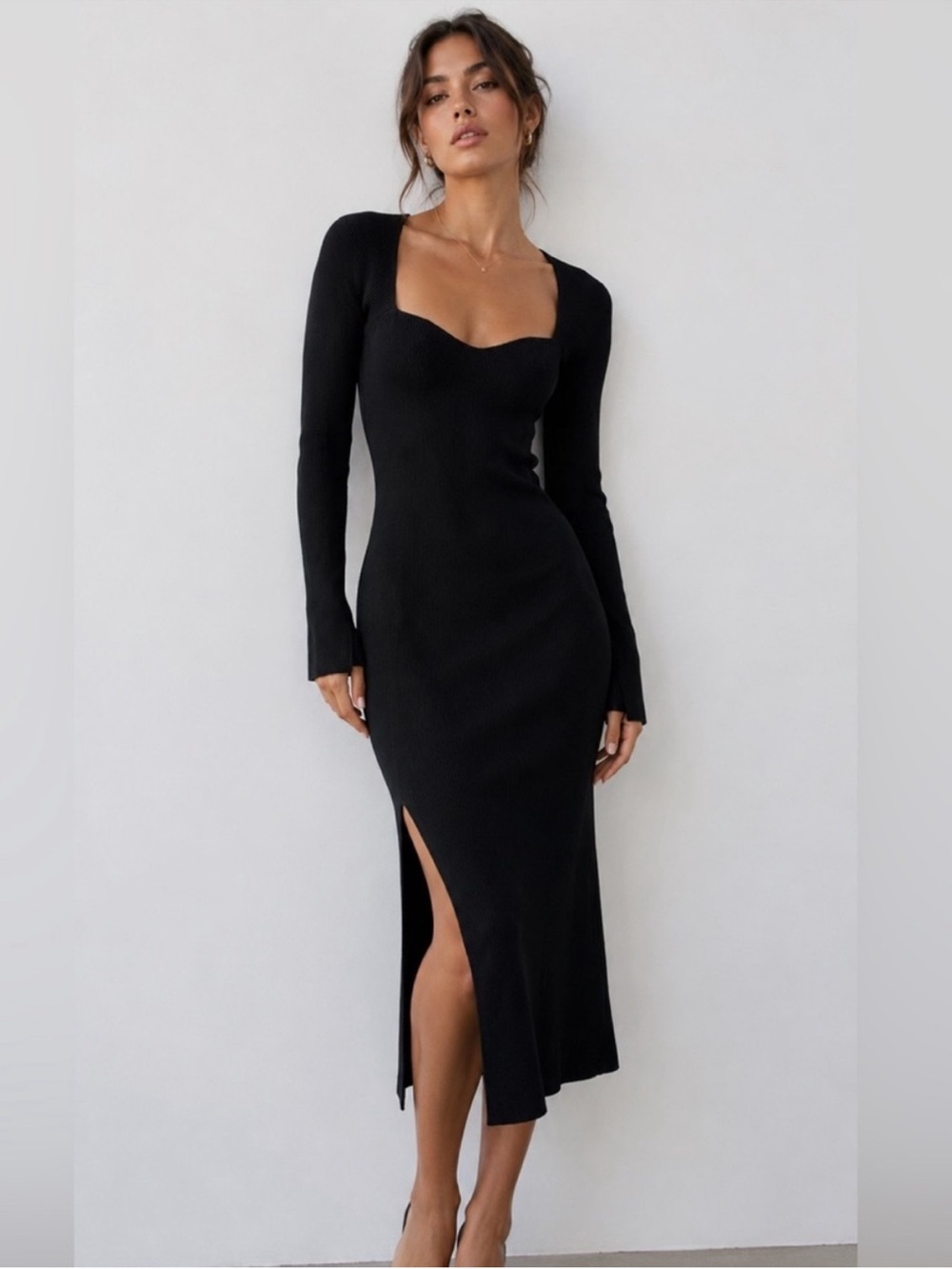 Petal & Pup Black Long Sleeve Ribbed Sweetheart Midi Dress With Side Slit